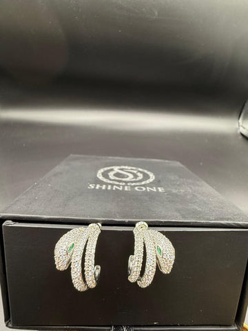Green-Eyed Silver Snake Earrings with Diamonds