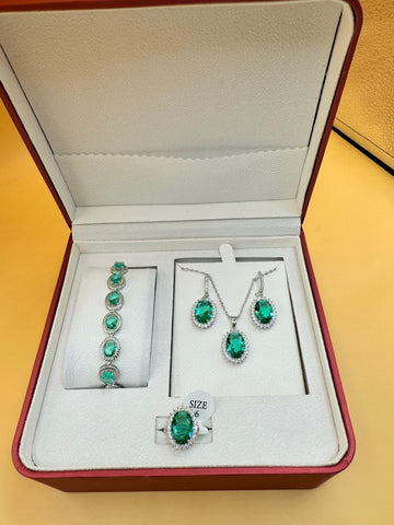 THAI Green Emerald Jewelry set for Women Wedding Party Bracelet Hoop Earrings Necklace pendant Ring Birthday Gift