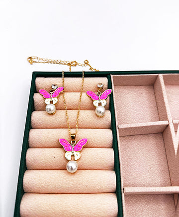 Plated Metal Butterfly Shaped Jewelry Set for Party Events for Women & Girls - Pink