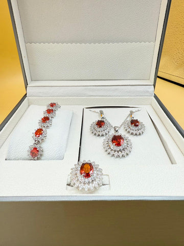 THAI Red Stone Oval Stud Earrings Pendants Clavicle Necklaces For Women Stainless Steel Chains Zircon Engagement Jewelry Sets Gifts