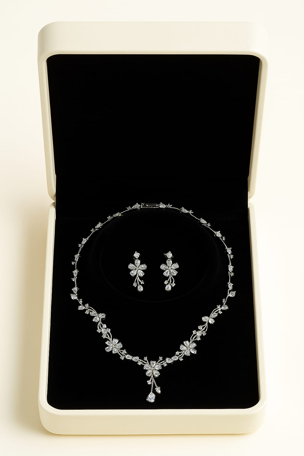 THAI Bridal Jewelry Set, Dainty Wedding Silver Necklace & Earring Set Leaf Shape Statement Necklace