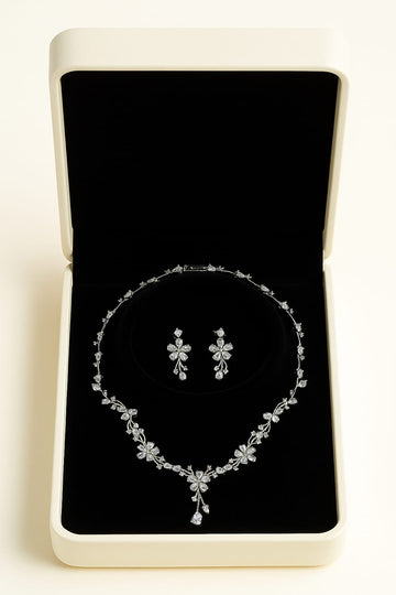 THAI Bridal Jewelry Set, Dainty Wedding Silver Necklace & Earring Set Leaf Shape Statement Necklace