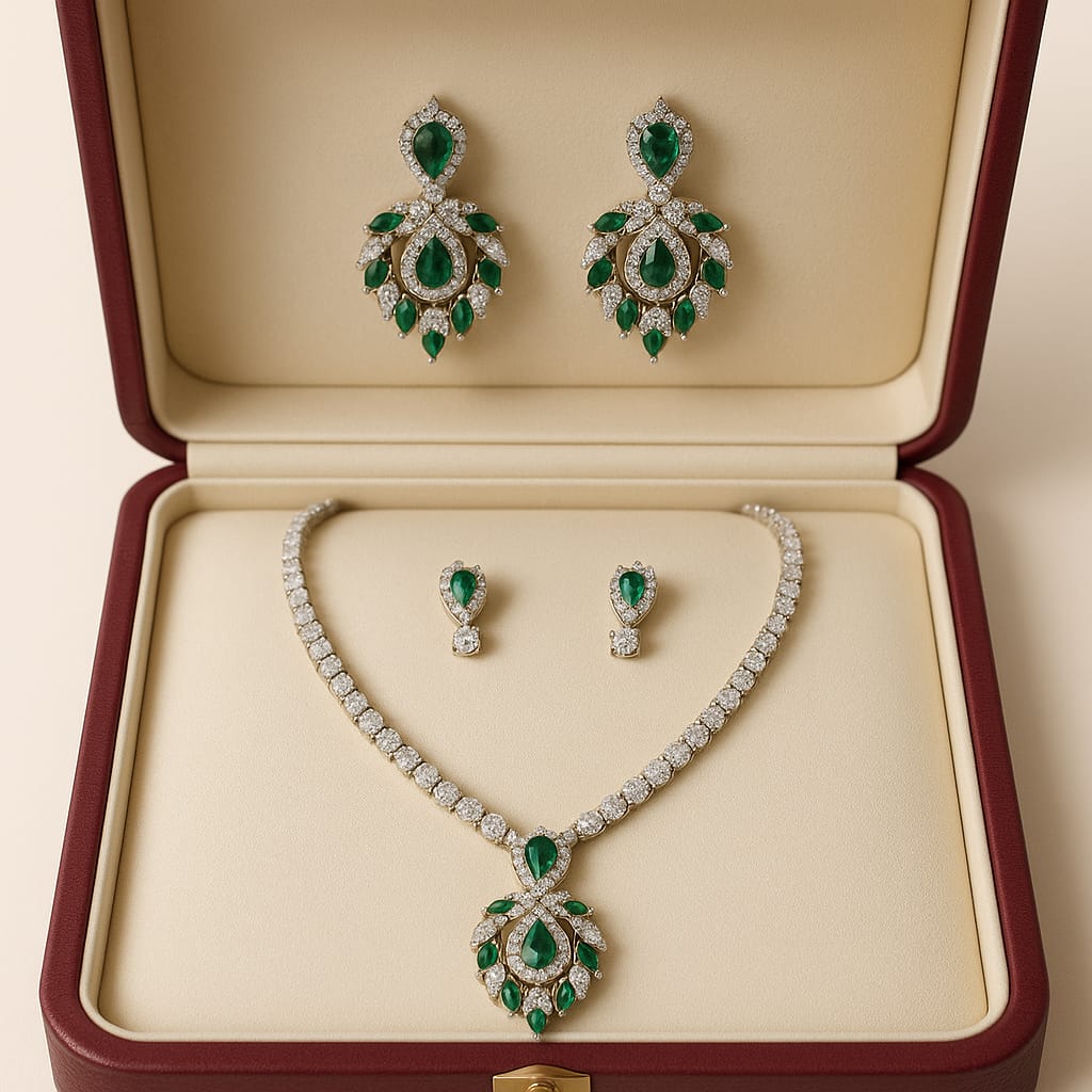 THAI Swarovski Crystal Emerald Green Silver Floral Drop Elegant Pendant Necklace set,