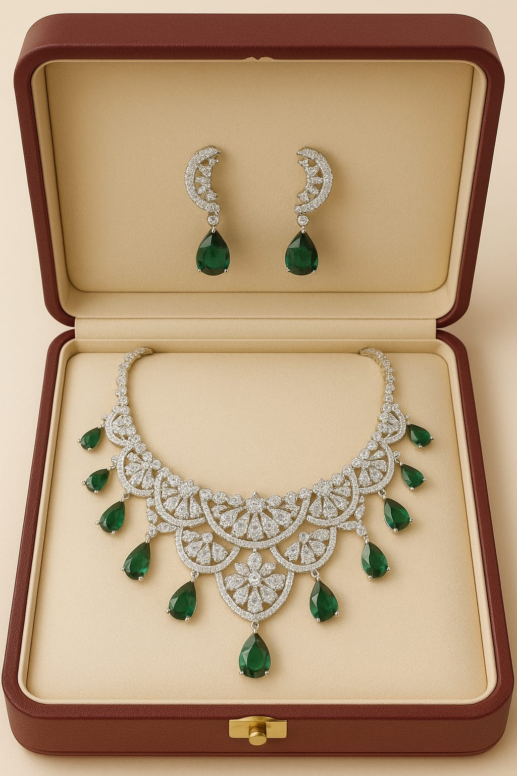THAI Emerald Bridal Jewelry set, Emerald green Bridal Earrings, CZ Necklace, Bridal Necklace, Cubic Zirconia Necklace, Green Wedding Jewelry Set