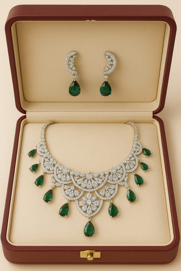 THAI Emerald Bridal Jewelry set, Emerald green Bridal Earrings, CZ Necklace, Bridal Necklace, Cubic Zirconia Necklace, Green Wedding Jewelry Set