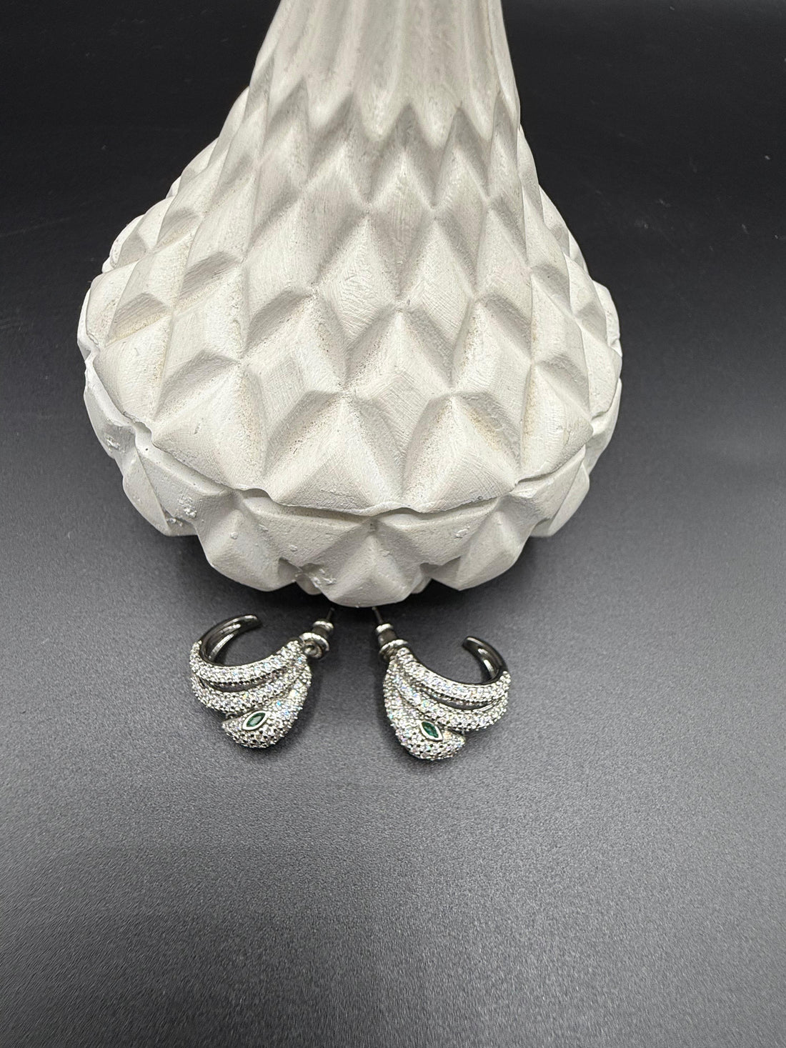 Green-Eyed Silver Snake Earrings with Diamonds