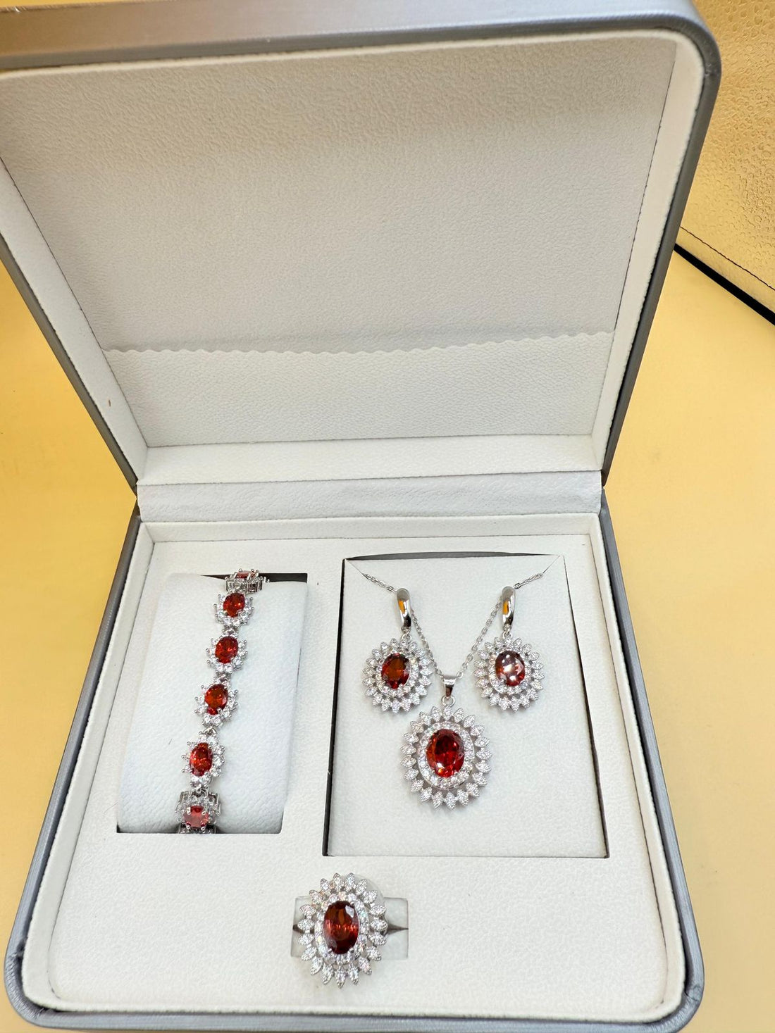 THAI Red Stone Oval Stud Earrings Pendants Clavicle Necklaces For Women Stainless Steel Chains Zircon Engagement Jewelry Sets Gifts